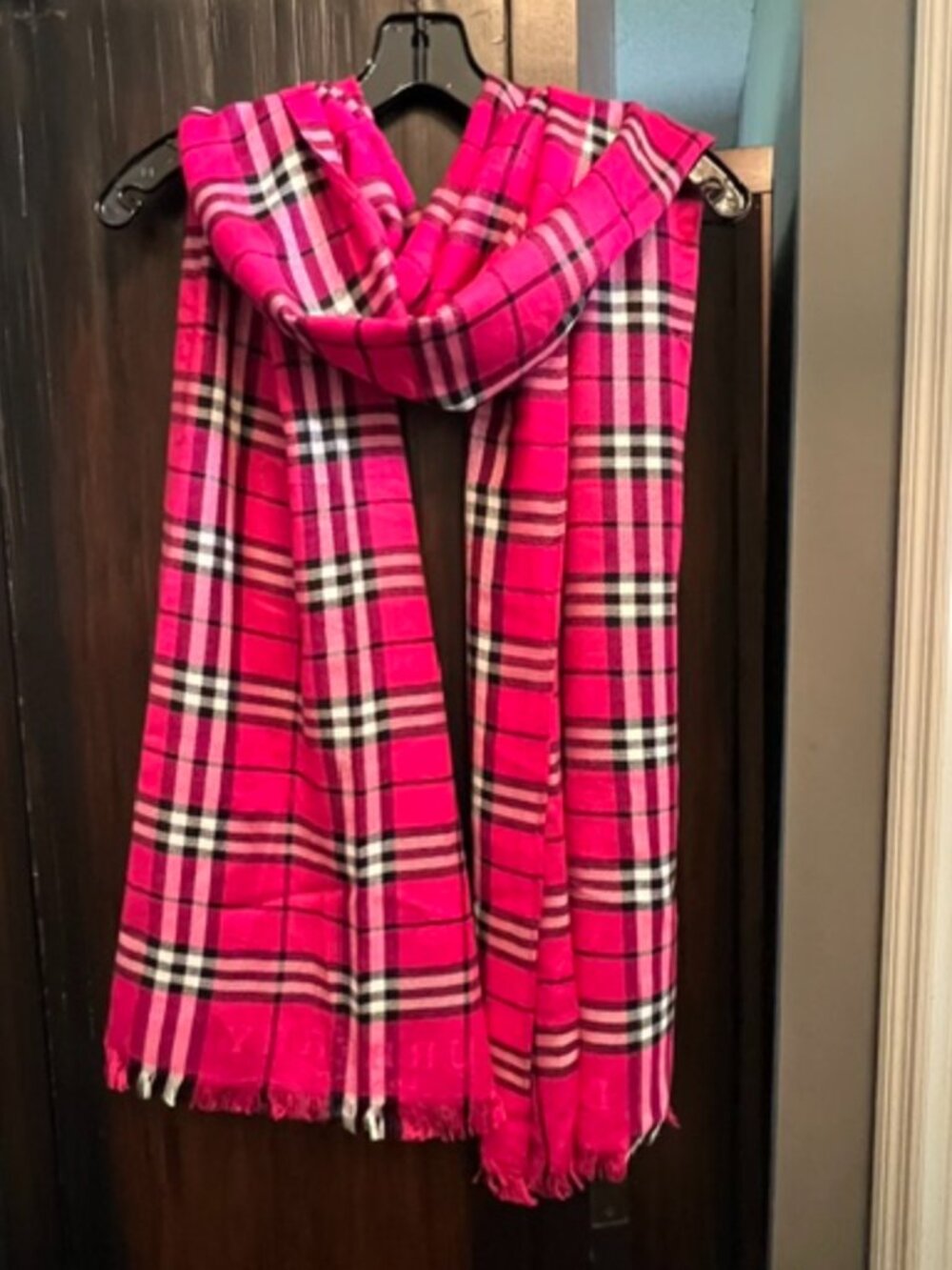 Burberry London Hot Pink Check Wool Silk Oversized Scarf Shawl Wrap